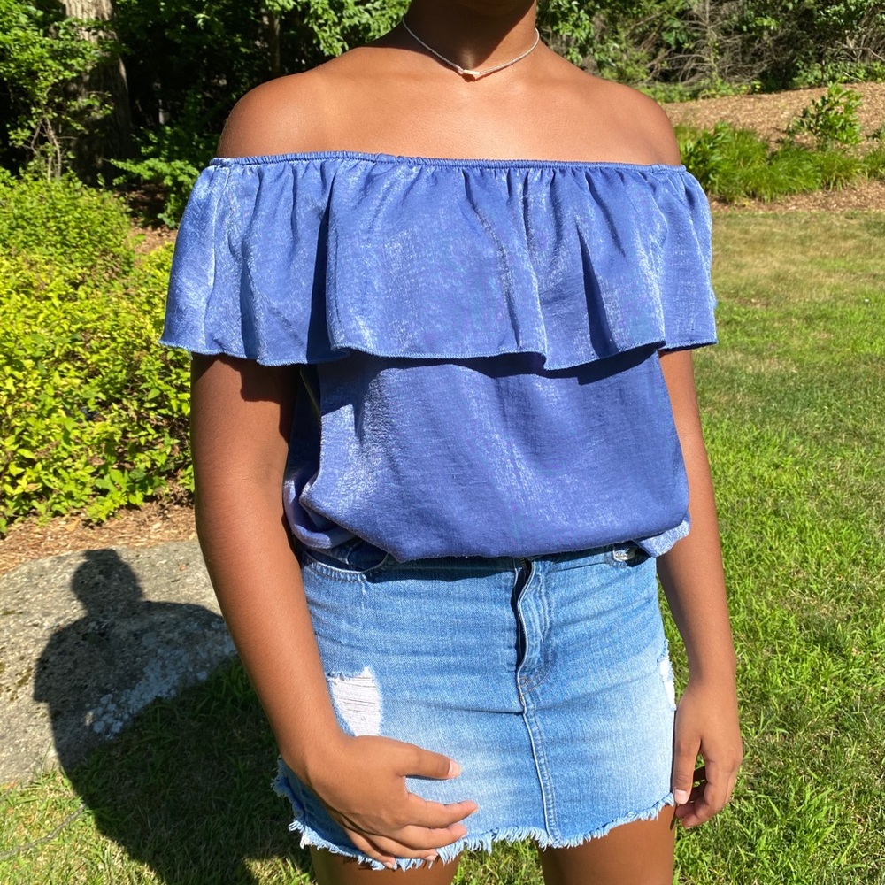 Blue Off the Shoulder Ruffle Blouse Top